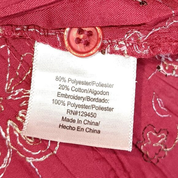 ST. JOHN’S BAY WOMAN Red Embroidered Crinkle Button-Up Top 2X Lightweight Boho - Picture 9 of 9